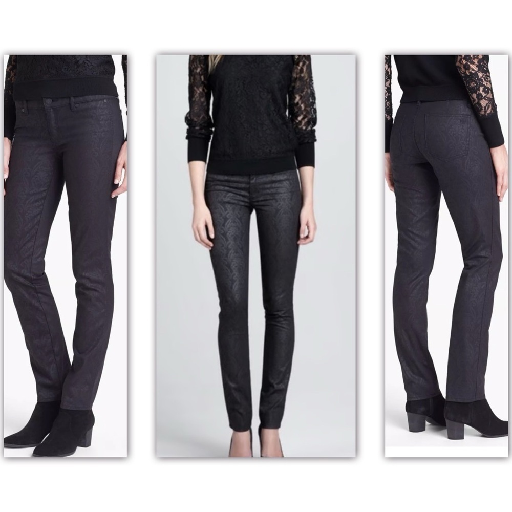 Tory Burch Honour Black Embossed Tonal Floral Print Office Siren Skinny Jeans 24